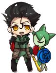  1boy ahoge black_hair chibi crossover fate/zero fate_(series) flower gae_buidhe gae_dearg lancer_(fate/zero) mole namesake pokemon pokemon_(creature) pokemon_(game) pokemon_rse polearm red_rose rose roselia spear terimayo_(sonnne_farbe) weapon yellow_eyes yellow_rose 