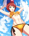  1girl arms_up ball beachball clouds from_below fumizuki_homura green_eyes original redhead short_hair sly 