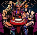  3boys birthday_cake cake cars_(jojo) eating esidisi facial_mark fire food fried_chicken hat head_scarf highres jojo_no_kimyou_na_bouken multiple_boys oil_(sekiyu-celtic) parody party_hat party_popper tattoo turban veins wham white_hair 