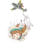  airplane black_eyes bow brown_hair cat error_musume falling flying hair_bow hat ju87 kantai_collection long_hair military military_uniform pilvenpiirtaja propeller scarf simple_background twintails uniform waving white_background 