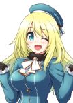  1girl atago_(kantai_collection) blonde_hair blue_eyes blush bococho breasts gloves hat kantai_collection large_breasts long_hair looking_at_viewer military open_mouth personification smile solo uniform wink 