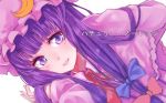  1girl blurry character_name crescent dress hair_ribbon hand_in_hair hat long_hair miro_(a878) patchouli_knowledge purple_hair ribbon smile solo touhou violet_eyes 