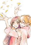  2girls :d blonde_hair cheek-to-cheek closed_eyes couple food fresh_precure! happy higashi_setsuna hug hug_from_behind momozono_love multiple_girls open_mouth outstretched_hand petals precure purple_hair simple_background sketch smile taiyaki tima twintails wagashi white_background yuri 