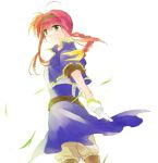 1girl ahoge amitie_florian back bloomers blue_dress braid dress gloves grass green_eyes hairband jacket long_hair looking_at_viewer looking_back lyrical_nanoha mahou_shoujo_lyrical_nanoha mahou_shoujo_lyrical_nanoha_a&#039;s mahou_shoujo_lyrical_nanoha_a&#039;s_portable:_the_battle_of_aces redhead single_braid skirt smile solo standing takana underwear white_background wind 