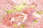  1girl bird branch cherry_blossoms dress flower highres long_hair lying on_side petals pink_hair smile solo violet_eyes 