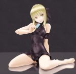  1girl absurdres arm_behind_back arm_garter bare_legs black_swimsuit blonde_hair bow fate/stay_night fate_(series) hair_bow highres holding open_mouth popsicle reflective_floor saber saber_alter short_hair simple_background sitting solo swimsuit takahirokun wariza yellow_eyes 