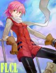  1girl flcl gloves haruhara_haruko karimero_(calimer0) pink_hair railing scarf short_hair solo yellow_eyes 