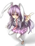  1girl animal_ears black_hair dress_shirt finger_gun from_above highres long_hair looking_at_viewer necktie open_mouth pink_eyes purple_hair rabbit_ears reisen_udongein_inaba shirt skirt smile solo tam-out_(datam) thighhighs touhou white_legwear 