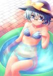  1girl bespectacled bikini blue_bikini blue_eyes breasts cleavage collarbone glasses hat hat_ribbon highres inflatable_pool komeiji_koishi looking_at_viewer navel ribbon short_hair side-tie_bikini silver_hair sitting solo spirytus_tarou striped striped_bikini striped_swimsuit swimsuit tile_floor tiles touhou underboob water 