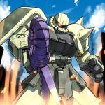  axe embers foreshortening fumizuki_homura gundam looking_at_viewer mecha mobile_suit_gundam no_humans rough smoke solo weapon zaku zaku_ii zaku_ii_f/j 