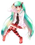  1girl blush glasses green_hair hatsune_miku headset jewelry kocchi_muite_baby_(vocaloid) long_hair muraten necklace project_diva project_diva_2nd red_eyes sitting skirt smile solo striped striped_legwear thighhighs twintails very_long_hair vocaloid white_background 