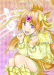  1girl blush boots brooch bubble_skirt capelet choker circlet cure_muse_(yellow) frills hair_ribbon heart jewelry long_hair long_sleeves magical_girl musical_note open_mouth orange_hair precure ribbon sapphire_satou shirabe_ako skirt smile solo suite_precure teeth violet_eyes 