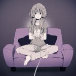  1girl barefoot controller couch frown game_controller indian_style long_hair low_twintails monochrome pants pillow sitting solo spot_color t-shirt twintails vocaloid wogura yuzuki_yukari 
