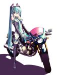  1girl 39 aqua_eyes aqua_hair boots detached_sleeves fushichou hatsune_miku highres long_hair looking_at_viewer motor_vehicle motorcycle necktie skirt smile solo thigh-highs thigh_boots twintails vehicle very_long_hair vocaloid white_background 