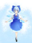  1girl :o ahoge ankle_socks blue_eyes blue_hair bow cirno dress gradient gradient_background hair_bow highres kameyan looking_at_viewer mary_janes outstretched_arms puffy_short_sleeves puffy_sleeves ribbon shoes short_hair short_sleeves solo spread_arms touhou wings 