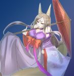  1girl animal_ears bare_shoulders breasts colored fox_ears kagerou_(shadowmage) long_hair original parasol simple_background solo umbrella 