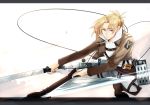  1girl annie_leonhardt aqua_eyes belt blonde_hair cable dual_wielding long_sleeves shingeki_no_kyojin short_hair solo sword thigh_strap three-dimensional_maneuver_gear uniform weapon 