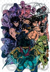  1girl 6+boys bola_(weapon) crazy_diamond giorno_giovanna gold_experience hat hermit_purple higashikata_jousuke higashikata_jousuke_(jojolion) highres hirose_yasuho johnny_joestar jojo_no_kimyou_na_bouken jojolion jonathan_joestar joseph_joestar_(young) kuujou_jolyne kuujou_joutarou multiple_boys petals pmushroom ribbon soft_&amp;_wet stand_(jojo) star_platinum star_print steel_ball_run stone_free string sword tusk_(stand) weapon 