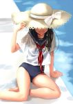  1girl black_hair hand_on_hat hat hat_over_eyes katahira_masashi long_hair original school_uniform serafuku solo swimsuit 