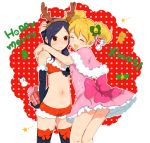  2girls :d alternate_costume arms_behind_back bare_shoulders bell blonde_hair blush butadon christmas closed_eyes fresh_precure! gift hairband hand_on_head happy higashi_setsuna horns hug merry_christmas midriff momozono_love multiple_girls navel open_mouth precure purple_hair red_eyes shorts smile snowman star thighhighs twintails 