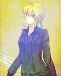  1girl ahoge blonde_hair fate/zero fate_(series) formal gloves green_eyes highres long_hair lsunl pant_suit ponytail saber solo suit 