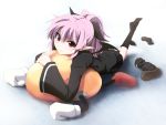  1girl grune highres long_hair looking_at_viewer lying on_stomach pointy_ears purple_hair simple_background skirt violet_eyes white_background 