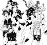  6+boys caesar_anthonio_zeppeli dio_brando hierophant_green jojo_no_kimyou_na_bouken jonathan_joestar joseph_joestar_(young) kakyouin_noriaki kamuinii kuujou_joutarou marker_(medium) monochrome multiple_boys stand_(jojo) star_platinum traditional_media 