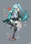  1girl absurdres aqua_eyes aqua_hair boots detached_sleeves hatsune_miku headset heart high_heels highres linnkou long_hair nail_polish necktie open_mouth shoes skirt solo standing_on_one_leg thigh-highs thigh_boots twintails very_long_hair vocaloid 