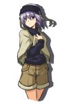  1girl amami_ciel choco_la_tea original purple_hair short_hair shorts simple_background solo white_background 