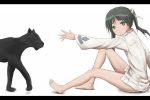  1girl barefoot black_panther francesca_lucchini fuu_maumau green_eyes green_hair letterboxed looking_at_viewer panther reaching sitting strike_witches toes 