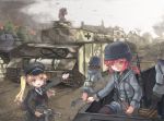  5girls airplane assault_rifle binoculars black_legwear blonde_hair blue_eyes boots gun helmet highres long_hair long_sleeves machine_gun mg42 military military_uniform military_vehicle multiple_girls north_abyssor open_mouth original pantyhose ponytail red_eyes redhead rifle skirt stg44 tank twintails uniform vehicle war weapon 