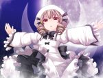  blonde_hair bow dress drill_hair full_moon hair_bow hat long_sleeves luna_child moon night night_sky open_mouth outstretched_arms red_eyes short_hair sky tano touhou wings 