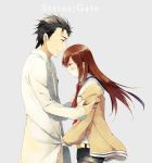  1boy 1girl blue_eyes blush brown_hair copyright_name english jacket labcoat legwear_under_shorts long_hair makise_kurisu na770 necktie okabe_rintarou short_hair shorts side standing steins;gate 