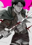  1boy ascot belt black_hair blood cape isamu jacket levi_(shingeki_no_kyojin) shingeki_no_kyojin solo sword thigh_strap weapon 