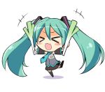  &gt;_&lt; 1girl blush chibi closed_eyes detached_sleeves gia_kon green_hair hatsune_miku long_hair necktie open_mouth outstretched_arms simple_background skirt solo spread_arms spring_onion thighhighs twintails very_long_hair vocaloid white_background 