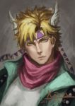  1boy blonde_hair caesar_anthonio_zeppeli facial_mark feathers green_eyes green_jacket headband jacket jojo_no_kimyou_na_bouken kimkyeng realistic scarf solo 