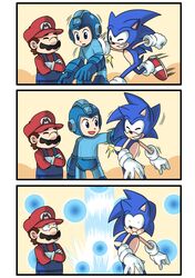  blue_eyes brown_hair comic death facial_hair gloves grin hat helmet highres mario mustache nintendo rockman rockman_(character) silent_comic smile sonic sonic_the_hedgehog super_mario_bros. super_smash_bros. wink 