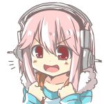  1girl blush dodome-iro_mayonnaise headphones lowres open_mouth pink_hair short_hair simple_background smile solo white_background 