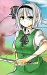  1girl cherry_blossoms clouds ghost green_eyes hair_ribbon hairband highres hitodama katana konpaku_youmu konpaku_youmu_(ghost) ribbon short_hair short_sleeves silver_hair skirt sky smile solo sword ten-eki touhou tree vest weapon 