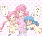  &gt;_&lt; 3girls aida_mana arm_hug blue_hair blush dokidoki!_precure half_updo hanasaki_tsubomi heartcatch_precure! holding_hands hug kurumi_erika long_hair multiple_girls namesake pink_eyes pink_hair precure short_hair translated twintails yoshimi50 