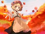  1girl aki_minoriko apron autumn autumn_leaves blonde_hair blue_hair clouds food fruit grapes hat long_sleeves looking_at_viewer open_mouth outstretched_arms red_eyes ribbon_choker shirt skirt smile solo touhou ume_(plumblossom) 