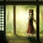  1girl ascot brown_eyes brown_hair butterfly chien_zero detached_sleeves forest hair_ribbon hair_tubes hakurei_reimu highres japanese_clothes long_sleeves miko nature open_door red_eyes ribbon sash solo touhou veranda wide_sleeves 