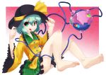  1girl :d bare_legs barefoot belt green_eyes green_hair hashiro hat hat_ribbon holding holding_hat komeiji_koishi mechanical open_mouth panties pantyshot pink_background pink_panties ribbon short_hair skirt smile solo third_eye touhou underwear wide_sleeves 