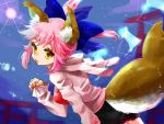  1girl animal_ears caster_(fate/extra) casual fox_ears fox_tail hoodie pink_hair pista solo tail twintails yellow_eyes 