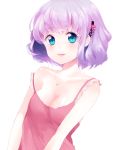  1girl blue_eyes breasts cleavage hair_ornament hairclip lips purple_hair short_hair simple_background smile solo somaline 