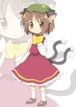  1girl animal_ears brown_eyes brown_hair cat_ears cat_tail chen ear_piercing hat piercing solo tail touhou wavy_mouth 
