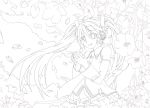  1girl cherry_blossoms detached_sleeves haruki_5050 hatsune_miku headphones highres lineart long_hair monochrome necktie solo twintails very_long_hair vocaloid 