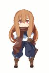  1girl animated animated_gif bag baggy_pants blinking boots brown_hair chibi gloves hands_on_hips knee_boots long_hair original red_eyes sai_(bankoru) satchel scarf smile solo 