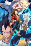  1boy abs aqua_eyes armor aura black_eyes black_hair blonde_hair boots dragon_ball dragon_ball_gt dragon_ball_z facial_mark forehead_mark gloves grin highres majin_vegeta male muscle scouter smile spiky_hair super_saiyan supobi tail vegeta white_gloves 