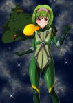  1girl alien antennae blush bob_cut bodysuit cannon energy_weapon galaxy gamilas gloves green_hair hairband highres hilde_schultz kaze_makase looking_at_viewer pilot pilot_suit radar red_eyes science_fiction serious soldier space space_craft spacesuit star_(sky) turret uchuu_senkan_yamato uchuu_senkan_yamato_2199 uniform 